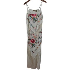 Midnight Velvet Maxi Dress Womens XL White Floral Embroidered Fringe Boho Gypsy
