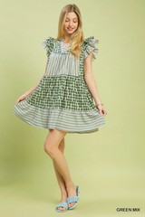Umgee Mix Patchwork Flutter Sleeve Tiered Dress – Green Mix – Small