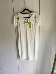 VERSACE JEANS Sz 44 White Cut Away Shoulder Silver Brooch BNWT Dress