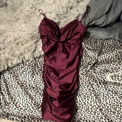 Burgundy Glitter Satin Ruched Spaghetti Strap Long Bodycon Dress Sz S