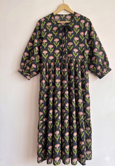 Cotton Dress for Women&rsquo;s Floral Printed Ethnic Summer Dressing Gown (Black)