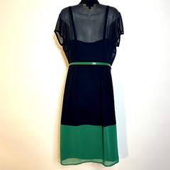 MSK Sheer Navy Blue Green Button Down Rockabilly Pinup Girl Dress Women&rsquo;s 12