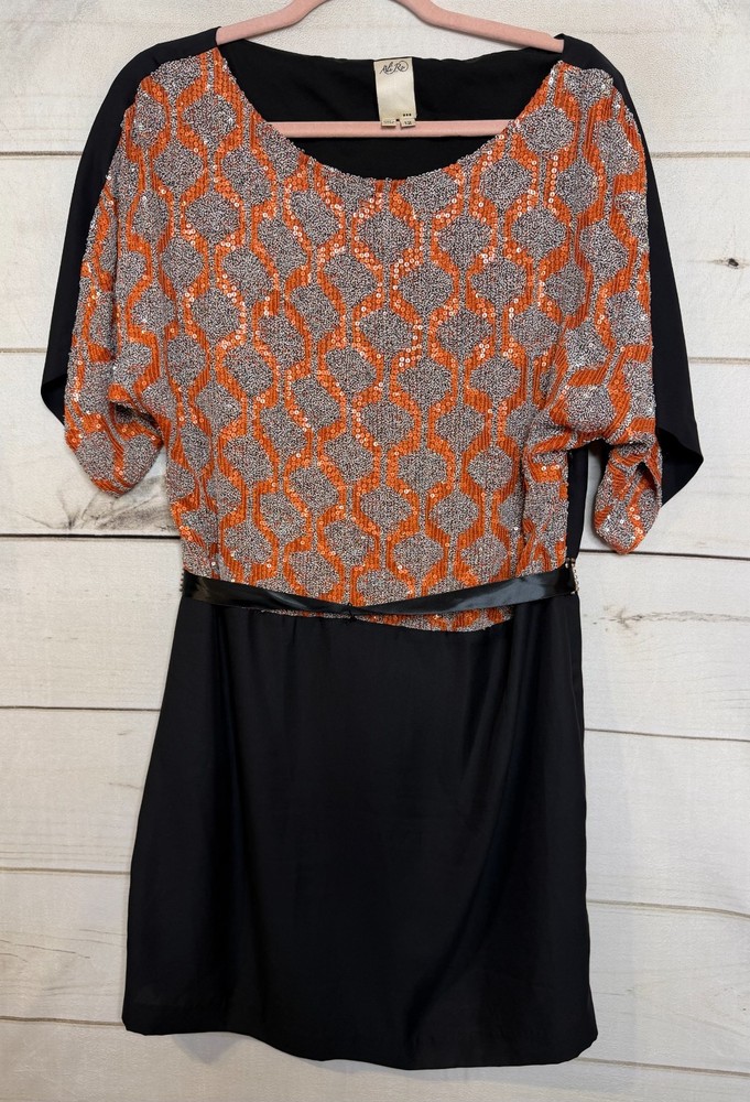 Ali Ro Dress 12 Orange Sequins Black Short Sleeves Party Cocktail Dressy