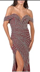 Terani Couture Burgundy # 332GL1491 Off-Shoulder Beaded Mermaid Gown 16$1600