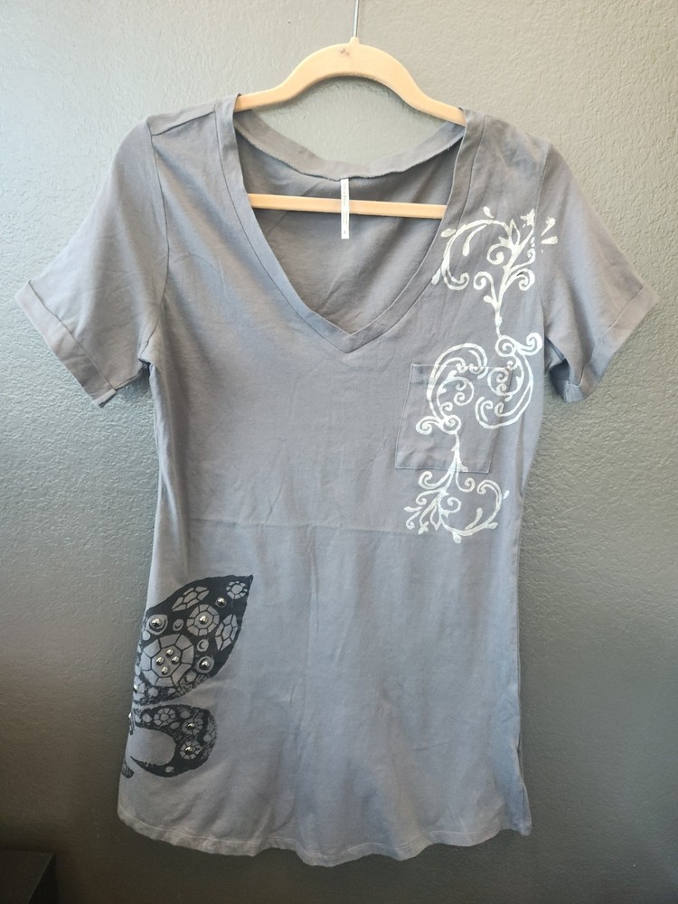 Active Basic, gray T-shirt dress with black & white imprint on front, L