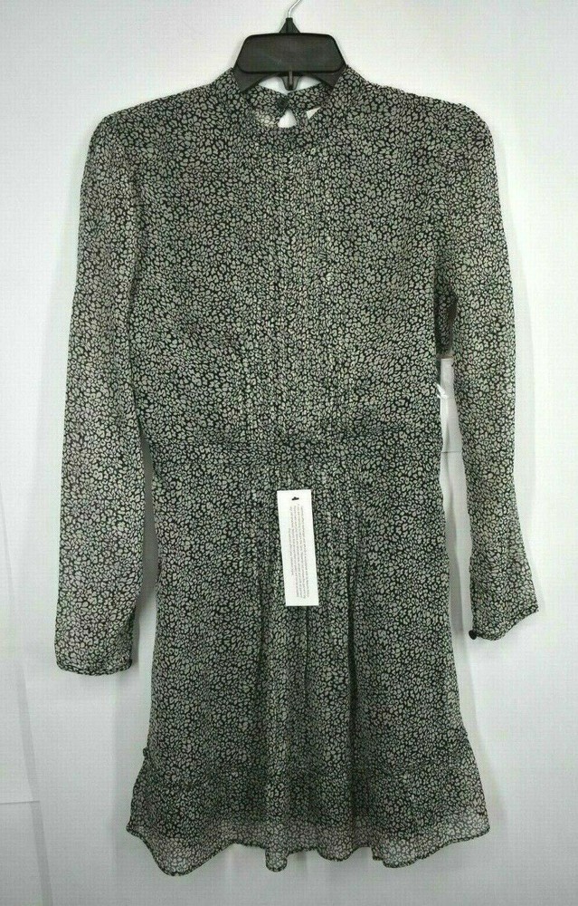 Topshop Women Black Mock Neck Pintuck Leopard Print Long Sleeve Mini Dress 4 $55