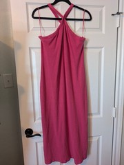 Old Navy Pink Ribbed Knit Halter Midi Dress with Built-In Bra and Side Slit Pink