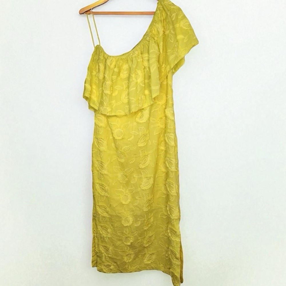 Abbey Glass Sutton Lace 3D Floral Ruffle One Shoulder Midi Dress XL Yellow Boho
