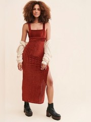 EUC Free People Square-Neck Velvet Rust Maxi Knit Dress with Side Slit – Medium