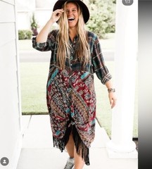 ODDI ODDY Boho Shirt Dress Fringe Mixed Materials Midi Size L Whimsy