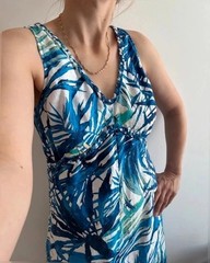 Tommy Bahama Blue White Green Tropical Floral Linen V-Neck Dress Size 8