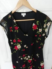 Vintage Etam Size 16 Dress Mesh Midi Wrap Effect Black Red Green Floral 90s Y2K