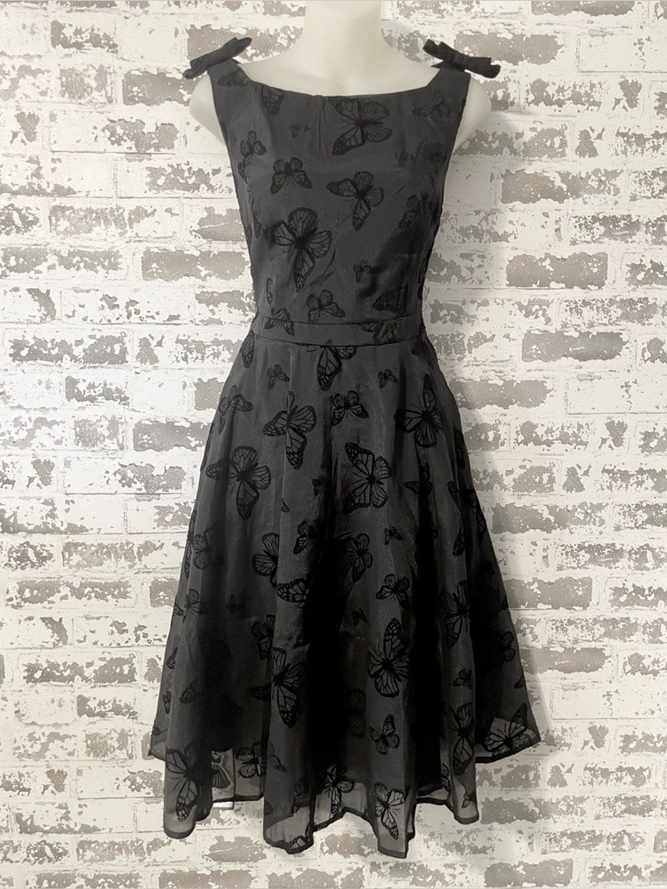 Retro Stage Black Butterfly Flocked Organza Fit & Flare Dress NWT