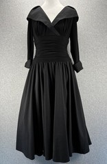 Black Tea Length Fit Flare Dress Ruched Waist Portrait Collar Noir Elegance 6