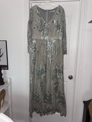 Mac Duggal V Neck Illusion Long Sleeve Embellished Evening Gown Seamist Size 20