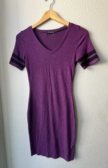Popular Basics Purple V-Neck Short Sleeve Bodycon Knit Dress Striped Sleeves S