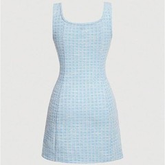 Elegant Blue Plaid Tweed Sleeveless Work Office Business Casual Mini Dress