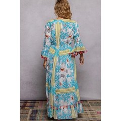 POL – Beach Inspired Pattern Ruffle Sleeve Tassel Maxi Dress – Large