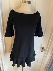 FREE PEOPLE BLACK COTTON PULLOVER FIT & FLARE DRESS-SIZEM-RUFFLE ELBOW SLEEVES!!