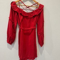 Marissa Webb Collective Red Ruffle Off The Shoulder Belted Linen Mini Dress- S