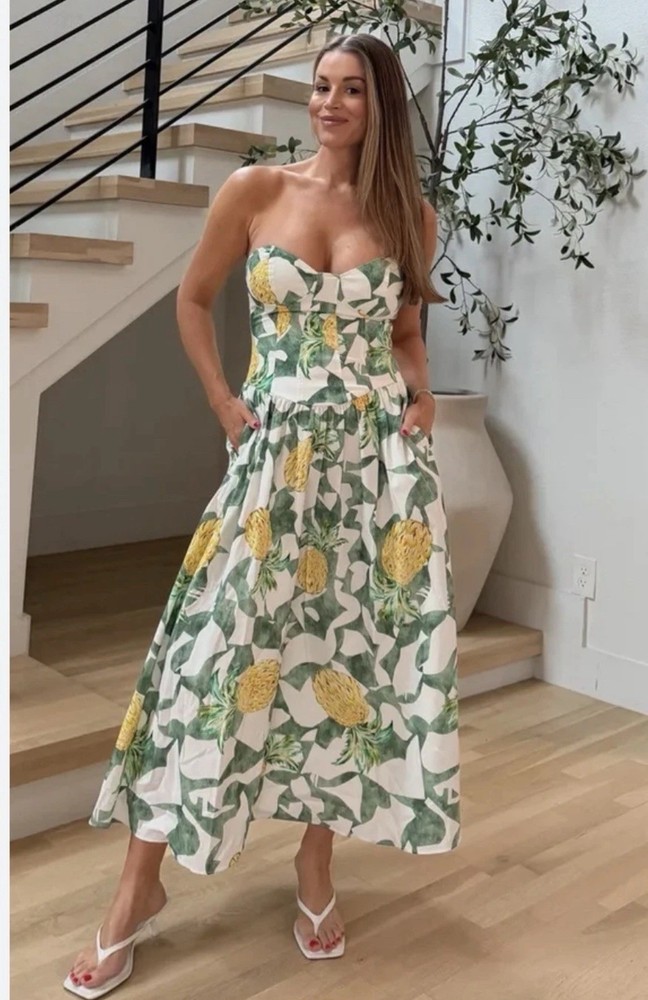 Zara 2026 Pineapple Fruit Print Corsetry Strapless Midi Dress Size S Ref3152/391