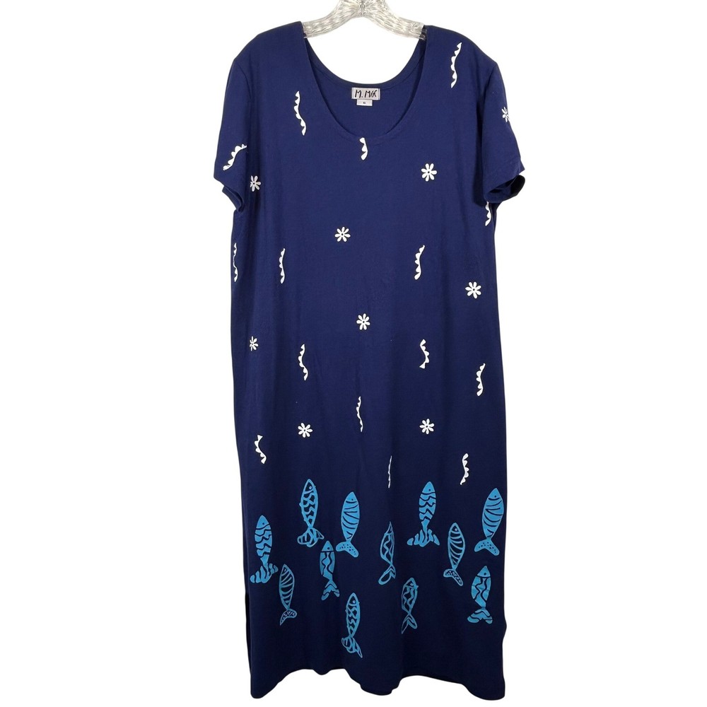 M. Mac Navy Blue Cotton Fish Print Maxi T-Shirt Dress Womens XL Short Sleeve USA
