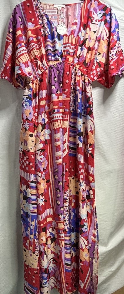 ODDI L Boho Floral Patchwork Maxi Dress Split Flutter Sleeve Pockets NWT