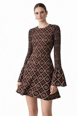 A.L.C Alexa Silk Brown Pattern Bell Sleeve Dress