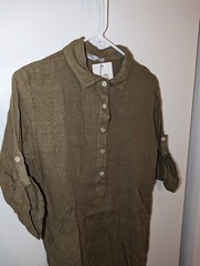 Elena Baldi Linen Dress Size M Olive Green Roll Tab Sleeve Brand New Lagenlook