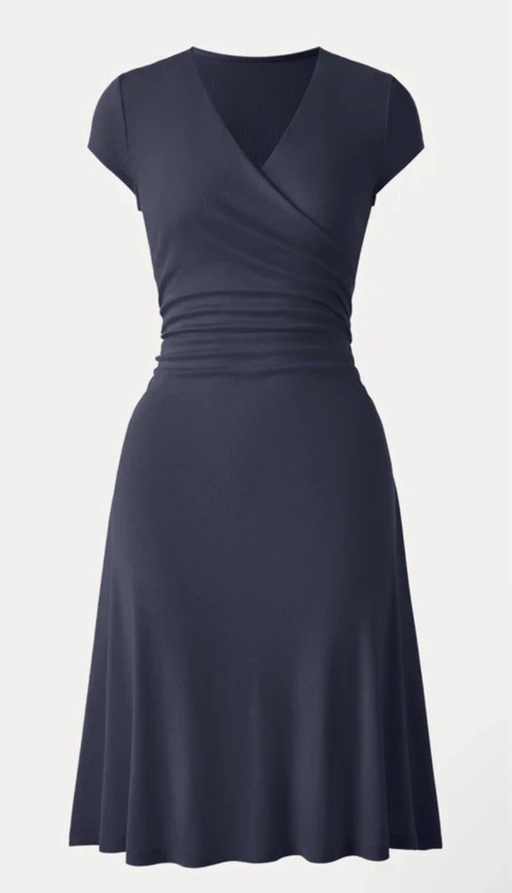 OGL Stretch Cotton Surplice Wrap Dress Size Small Navy Midi Viscose