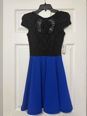 B Darlin Fit & Flare Black Lace Top Royal Blue Skirt Dress 3/4 Juniors NWT