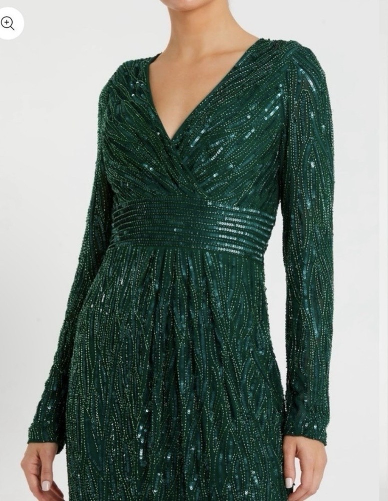 Mac Duggal 2 Green Sequin Mesh V-Neck Long Sleeve Sheath Zip Dress Knee