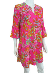 Jude Connally Kerry Tunic Dress Size M Hot Pink Peacock Print Bell Sleeve $228