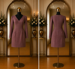 FAVLUX Women’s Mauve Solid V-Neck Puff Long Sleeve Sheath Short Dress M