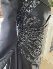 Black One-Shoulder Satin Formal Long Gown, Beaded Embroidered Lined Size 12