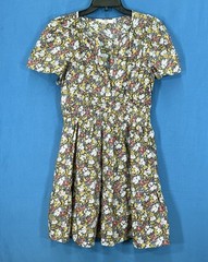 ENTRO Colorful FLORAL Twill HOOK/EYE Deep-V STRETCH WAIST Blouson A-Line Dress M