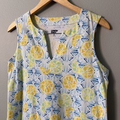 Lands’ End Lemon Citrus Print Sleeveless Shift Dress Blue White Summer Dress M