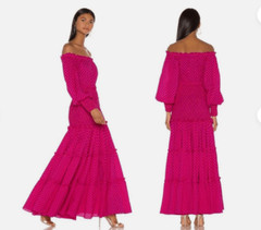 NWOT Alexis Thalssa Off The Shoulder Shirred Maxi Dress Sz M Fuchsia Dot #1H451
