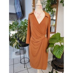 Anne Klein Rust Wrap-Front Collared Long-Sleeve Dress