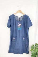 Vintage Dark Wash Denim Embroidered Flamingo Shirt Shift Dress Women’s XL
