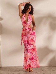 Boho Halter Cut Out Maxi Dress Backless Lace Up Mermaid Mesh Bodycon Cami