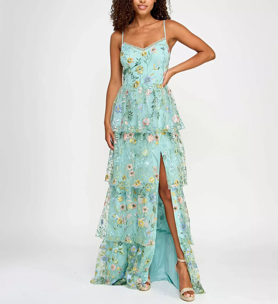 City Studios Juniors&rsquo; Ruffled Embroidered Tiered Gown MSRP $189
