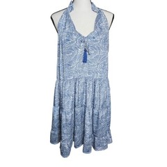 Fab&rsquo;rik Blue White Tropical Leaf Halter Mini Dress Tassel Tiered Size Medium