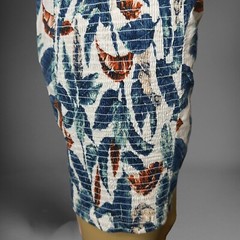 Robin K Sheath Mini Dress Medium White Blue Linen-Cotton Lined Wide Straps Leave