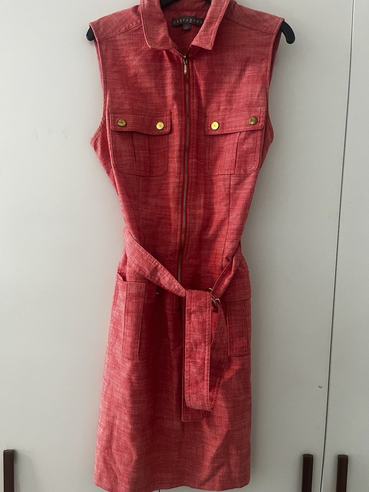sharagano red sleeveless shirt dress zip-front belted pockets collared 8