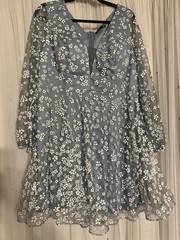 SHEIN CURVE Plus 2XL Gray/White Floral V-Neck Long Sleeve A-Line Dress Short