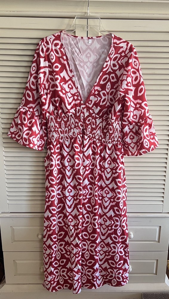No Brand Red & White Batik Pattern Dress, L