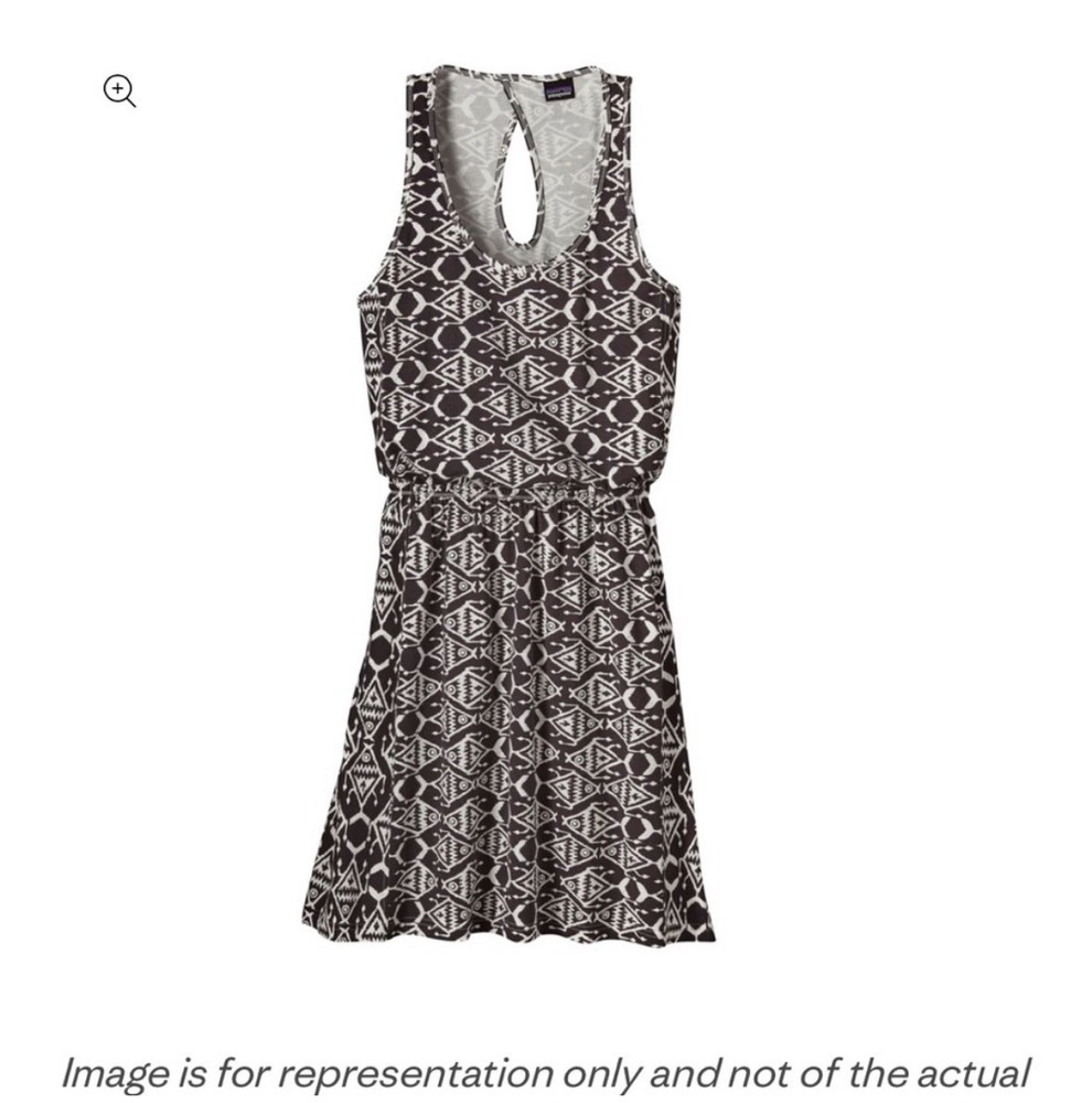 Patagonia Brown White Geometric Fish Pattern Keyhole Back Dress Nautical Sz M