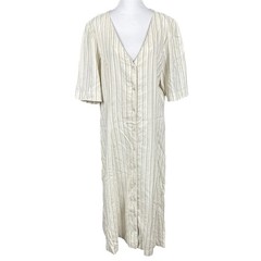 Ichi L V-Neck Button Front Stripe Midi Dress India Made Boho Travel Paris Summer