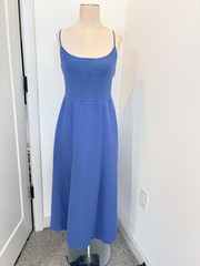 Theory Dress Women M Slip Flared Blue Midi Ribbed Knit Crepe Combo Minimalist